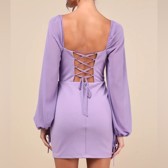 LULUS NWT Love Lavender Lace-Up Balloon Sleeve Mini Dress Medium - Picture 2 of 4
